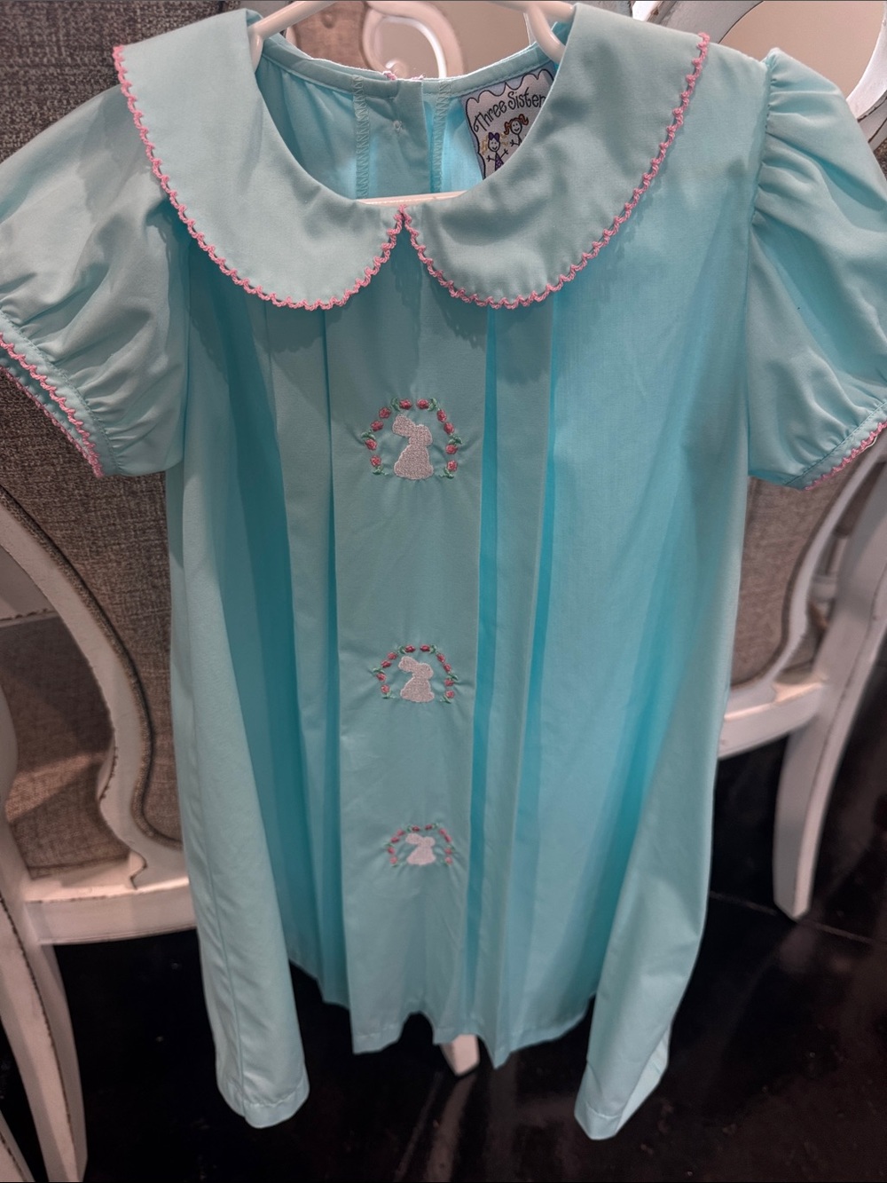 Three sisters Girls' aqua Blue Peter Pan Collar bunny Dress with Pink Trim